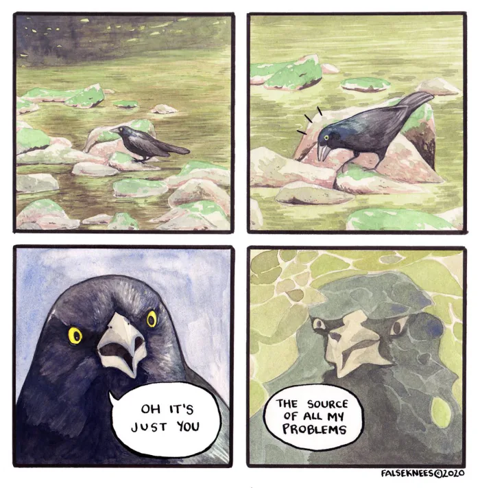 Four-panel False Knees comic: a crow discovers it is the source of all its problems