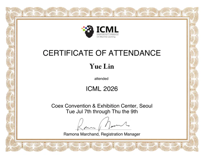 ICML 2026 certificate of attendance for Yue Lin